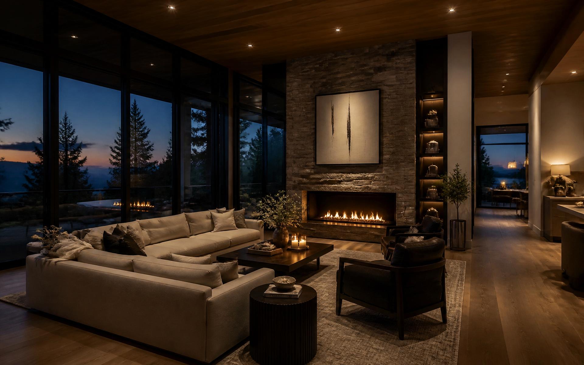 Luxury custom home interior at dusk